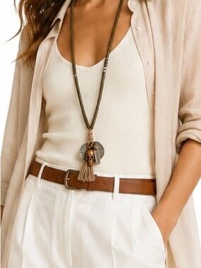 Chan Luu Long Heishi Bead Necklace Skull Australia Coin Tassel Olive OS Designer